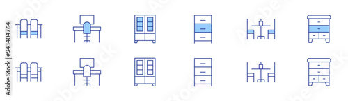 Home furniture icon set in two styles, Duotone and Thin Line style. Editable stroke. drawers, table, dinner table, desk, cupboard, dresser
