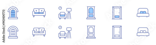 Home furniture icon set in two styles, Duotone and Thin Line style. Editable stroke. door, window, sofa, double bed