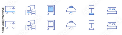 Home furniture icon set in two styles, Duotone and Thin Line style. Editable stroke. furniture, light, workplace, lamp, bed, night stand