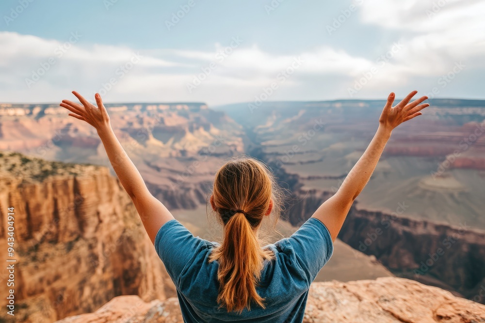 An individual stands with arms raised in triumph as they overlook a stunning canyon landscape, symbolizing achievement, freedom, and a connection with nature. An individual stands with arms raised in triumph as they overlook a stunning canyon landscape, symbolizing achievement, freedom, and a connection with nature.
