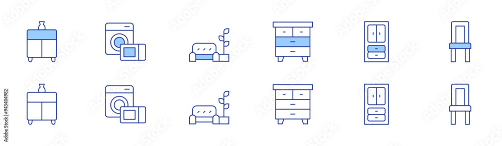Home furniture icon set in two styles, Duotone and Thin Line style. Editable stroke. sideboard, chest of drawers, electronics, living room, cabinet, chair Home furniture icon set in two styles, Duotone and Thin Line style. Editable stroke. sideboard, chest of drawers, electronics, living room, cabinet, chair