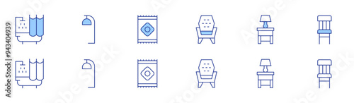 Home furniture icon set in two styles, Duotone and Thin Line style. Editable stroke. shower, armchair, lamp, bedside table, chair, rug