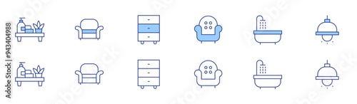 Home furniture icon set in two styles, Duotone and Thin Line style. Editable stroke. sofa, bathroom, bathtub, ceiling lamp, armchair, cabinet