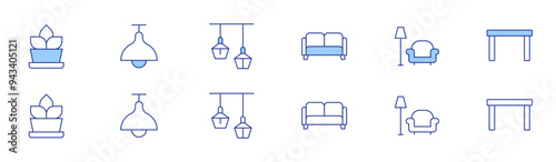 Home furniture icon set in two styles, Duotone and Thin Line style. Editable stroke. sofa, fern, lamp, table