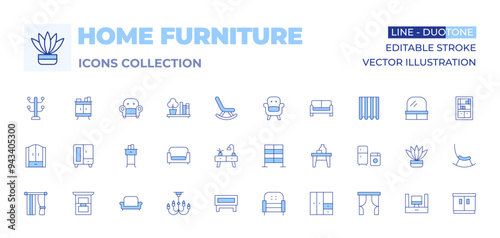 Home furniture icons collection. Line Duotone style, editable stroke. rack, wardrobe, drawers, sofa, chandelier, cupboard, table, nightstand, coffee table, armchair, curtain, window