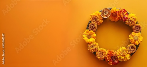 Beautiful circle shaped colorful floral wreath against an orange background with copyspace , text, poster, banner, design