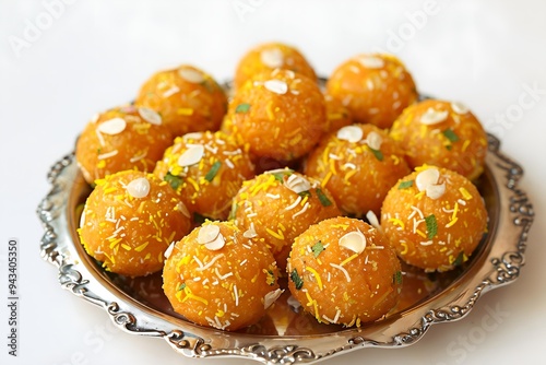 Plate of tasty Laddu with on white background Also Know as Methi Ke Laddu or Fenugreek Laddu Made From Fenugreek Seeds, Ginger, Saunf And Jaggery