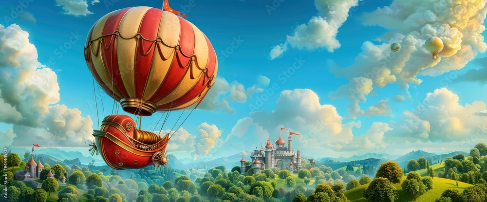 Fototapeta premium Fantasy Hot Air Balloon Flying Over a Magical Castle
