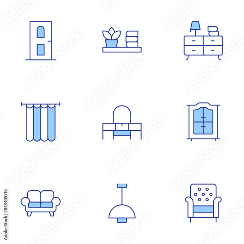 Home furniture icons set. Line Duotone style, editable stroke. cabinet, door, night stand, armchair, dresser, shelf, couch, lamp, curtain