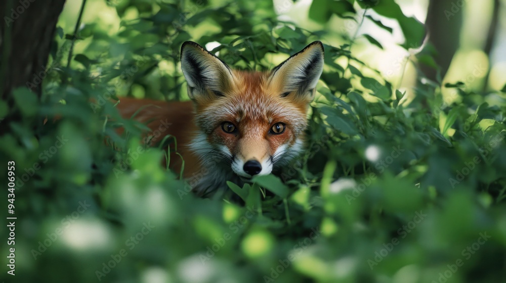 Fototapeta premium Red Fox Peeking Through Green Foliage