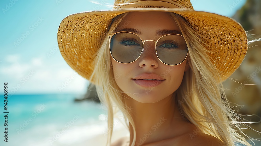 A stylish woman in a straw hat and sunglasses relaxes on the beach, embracing the warmth of the sun. A stylish woman in a straw hat and sunglasses relaxes on the beach, embracing the warmth of the sun.