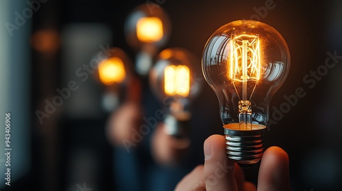 Hand holding glowing light bulb with other bulbs in the background.