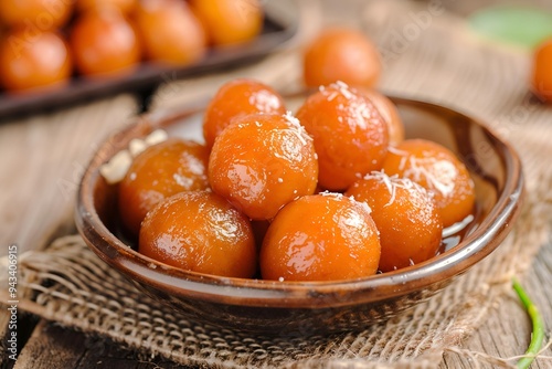 Sweets Gulab Jamun on a plate, Indian dessert made of deep fried milk solid balls soaked in sugar syrup traditional Indian dessert