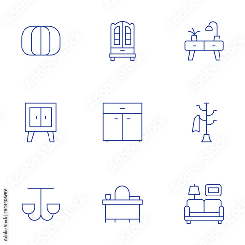 Home furniture icons set. Thin Line style, editable stroke. bean bag, cabinet, ceiling light, closet, cupboard, desk, drawers, hat rack, living room