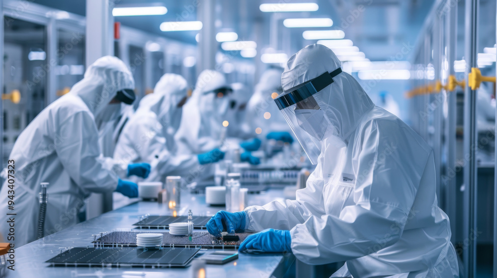 clean room in a semiconductor lab with engineers in protective suits using laserguided machinery to create microchips clean room in a semiconductor lab with engineers in protective suits using laserguided machinery to create microchips
