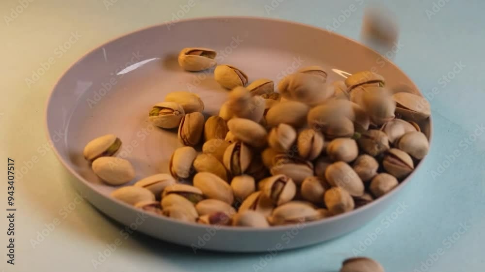 Pistachios nuts falling into a white plate. Pistachio nuts. Whole nut with kernels, seamless loop. Backdrop for a natural food store, selling nuts, beer snacks Pistachios nuts falling into a white plate. Pistachio nuts. Whole nut with kernels, seamless loop. Backdrop for a natural food store, selling nuts, beer snacks