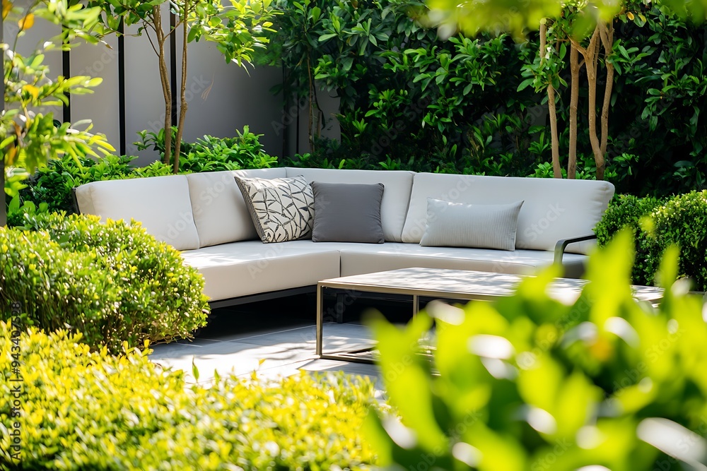 Fototapeta premium White Sectional Sofa with Pillows in a Lush Garden