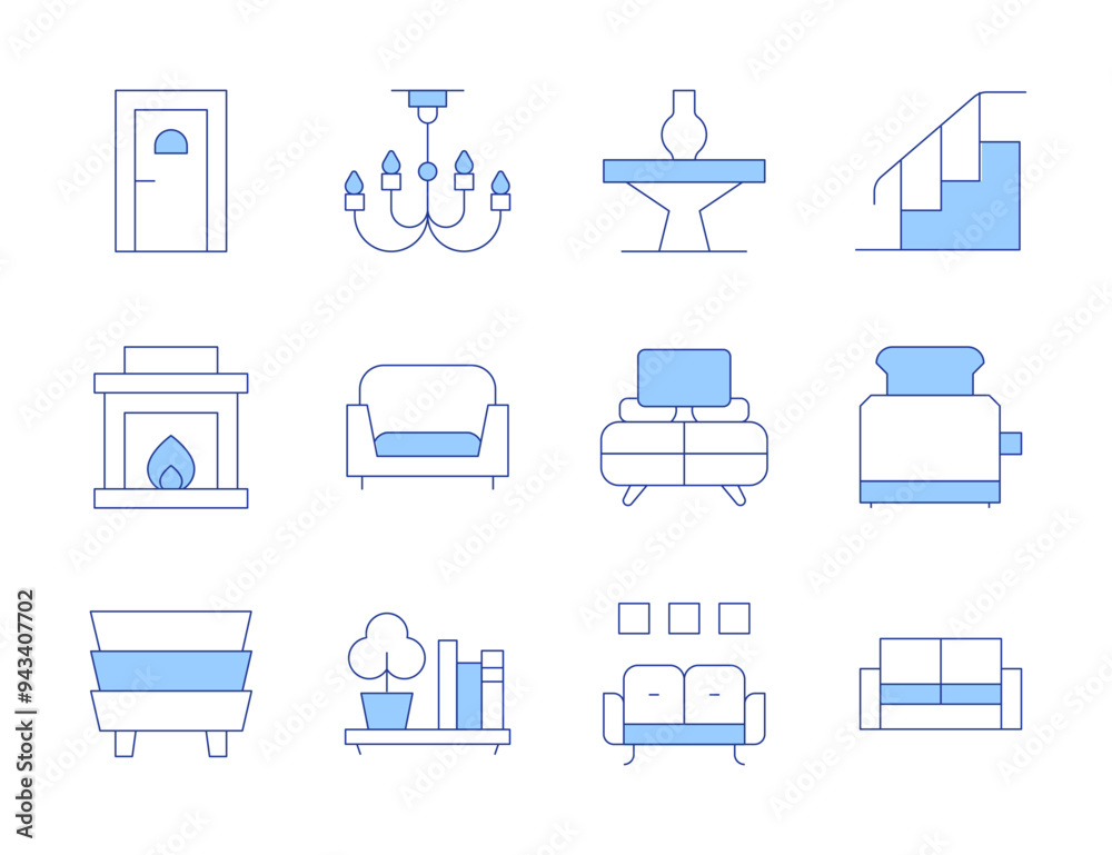 Home furniture icons. Line Duotone style, editable stroke. stairs, door, table, chandelier, tv table, fireplace, sofa, toaster, shelf, bedside table Home furniture icons. Line Duotone style, editable stroke. stairs, door, table, chandelier, tv table, fireplace, sofa, toaster, shelf, bedside table