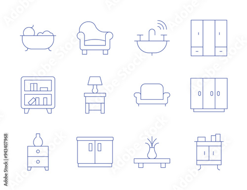 Home furniture icons. Thin Line style, editable stroke. armchair, bedside table, cabinet, bath, bookshelf, wardrobe, sink, sofa, table