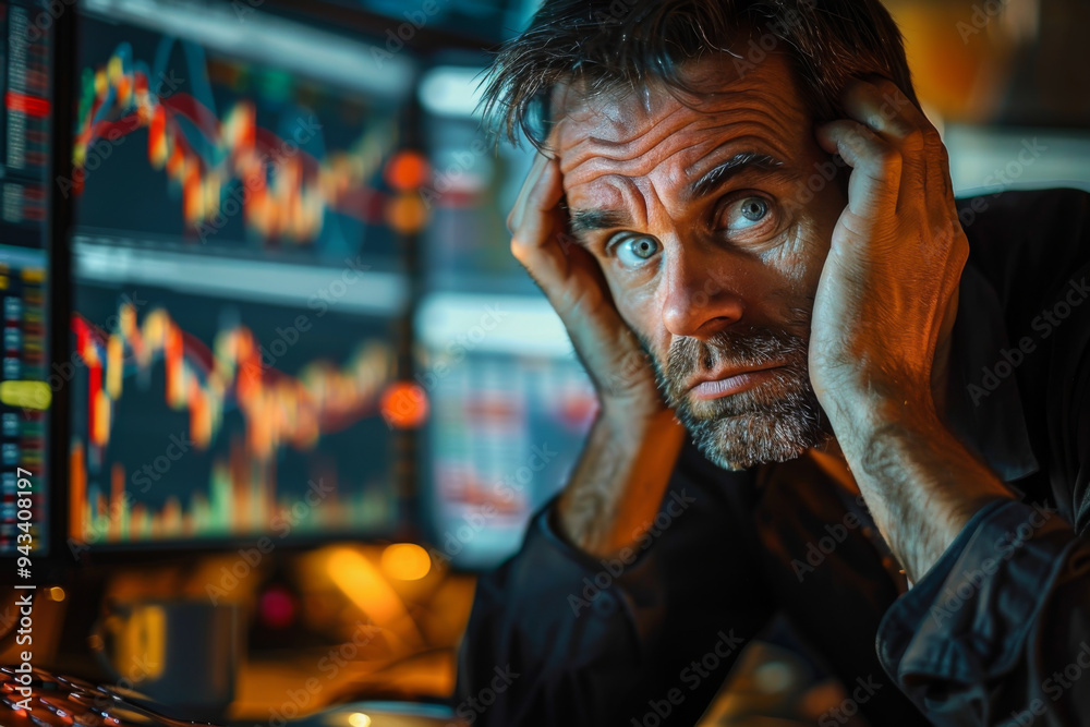 stressed, worried stock trader sitting at a desk in front of multiple computer monitors stressed, worried stock trader sitting at a desk in front of multiple computer monitors