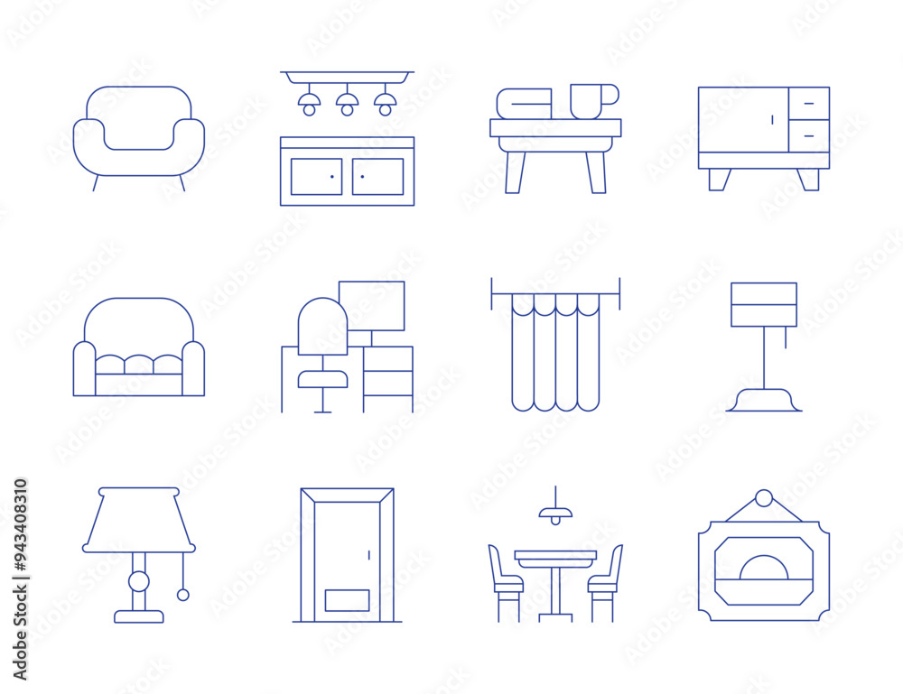 Home furniture icons. Thin Line style, editable stroke. sofa, table lamp, coffee table, curtain, dining table, countertop, door, workplace, furniture, lamp, picture Home furniture icons. Thin Line style, editable stroke. sofa, table lamp, coffee table, curtain, dining table, countertop, door, workplace, furniture, lamp, picture