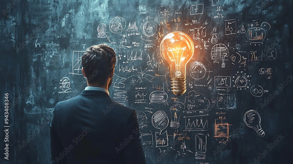 A businessman studies a lightbulb idea sketched on a chalkboard, reflecting on potential innovations. A businessman studies a lightbulb idea sketched on a chalkboard, reflecting on potential innovations.