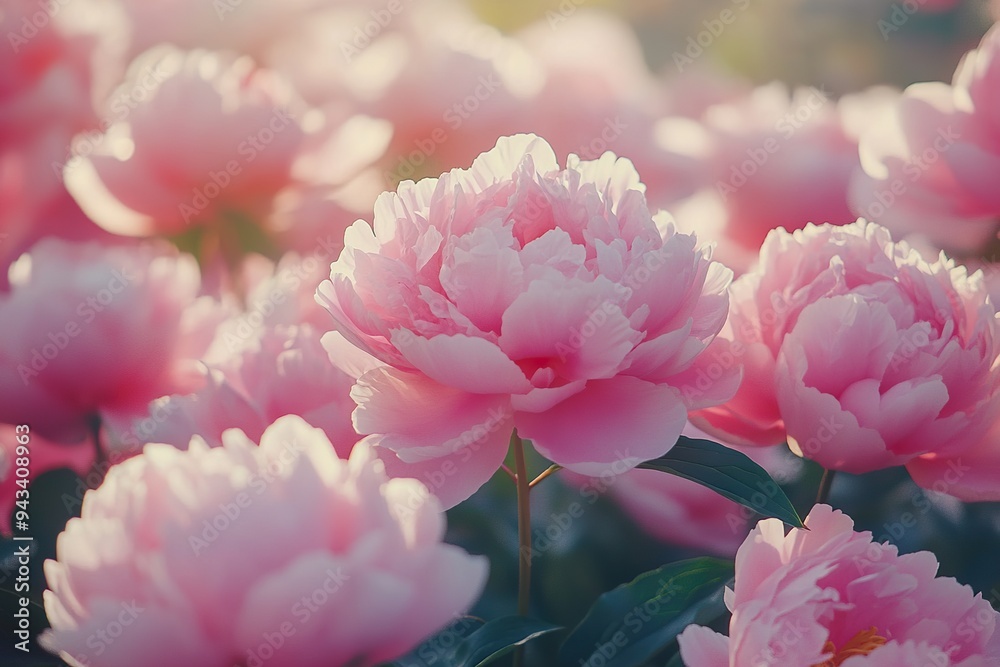 A cluster of pink peonies in full bloom, with large, soft petals and a subtle fragrance A cluster of pink peonies in full bloom, with large, soft petals and a subtle fragrance
