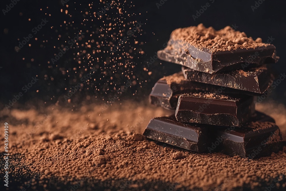 Broken black chocolate bar in glass with cocoa powder. Chocolate on a black background with copy space. Generative Ai Broken black chocolate bar in glass with cocoa powder. Chocolate on a black background with copy space. Generative Ai