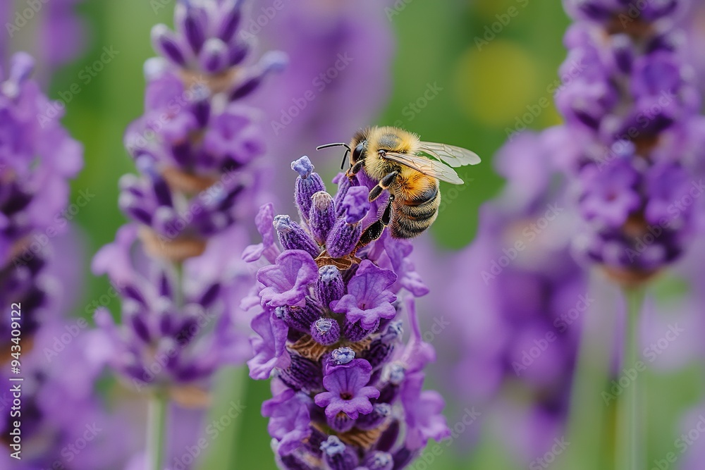 A cluster of purple lavender flowers in full bloom, with bees busily collecting nectar A cluster of purple lavender flowers in full bloom, with bees busily collecting nectar
