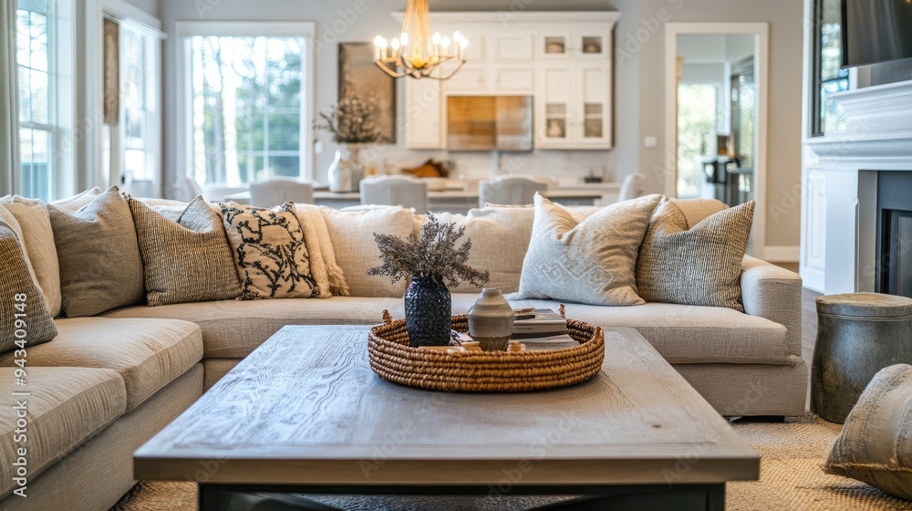 A comfortable and stylish living room with a large sofa, coffee table, and decorative accents A comfortable and stylish living room with a large sofa, coffee table, and decorative accents