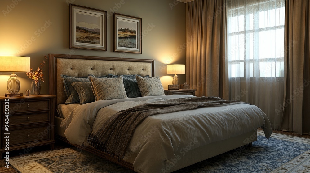 A comfortable guest bedroom with a double bed, nightstands, and a welcoming atmosphere A comfortable guest bedroom with a double bed, nightstands, and a welcoming atmosphere