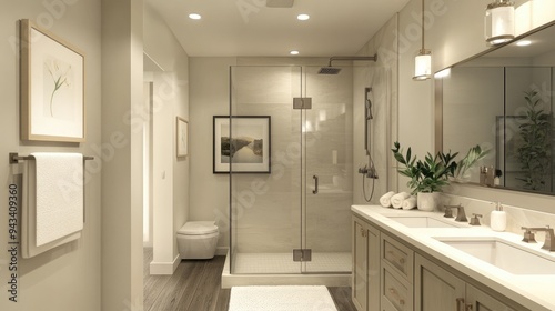 A contemporary bathroom with a walk-in shower, sleek vanity, and modern fixtures