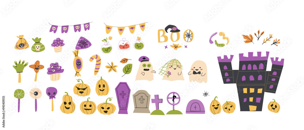 Childrens Halloween party elements set. Collection of cute ghosts, pumkin, sweets, graves. Kids spooky party decoration festive elements with Halloween characters. Childrens Halloween party elements set. Collection of cute ghosts, pumkin, sweets, graves. Kids spooky party decoration festive elements with Halloween characters.