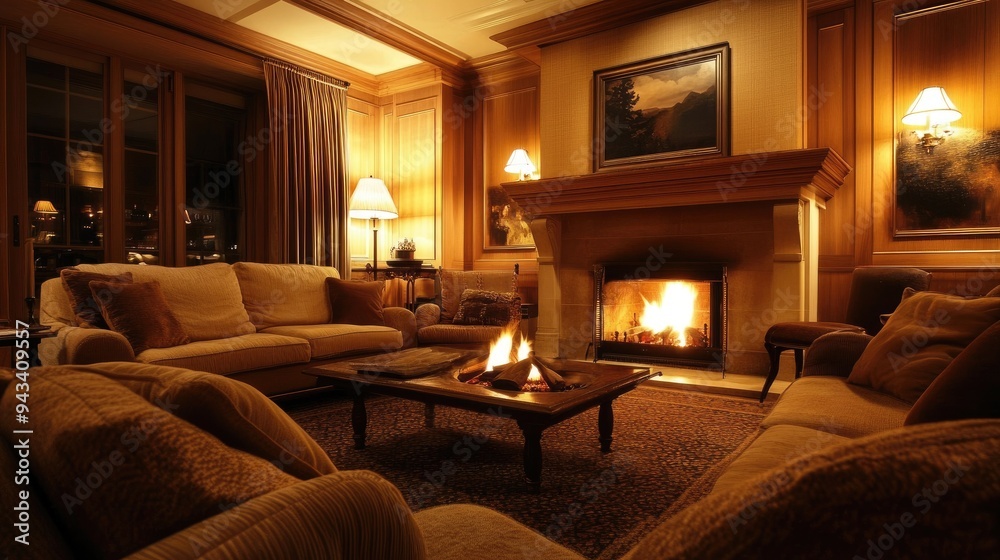 A cozy and inviting living room with a fireplace, plush seating, and warm lighting
