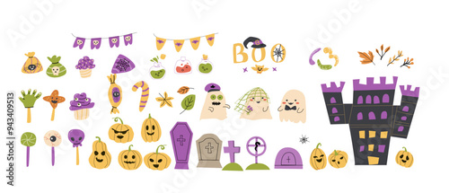 Childrens Halloween party elements set. Collection of cute ghosts, pumkin, sweets, graves. Kids spooky party decoration festive elements with Halloween characters.