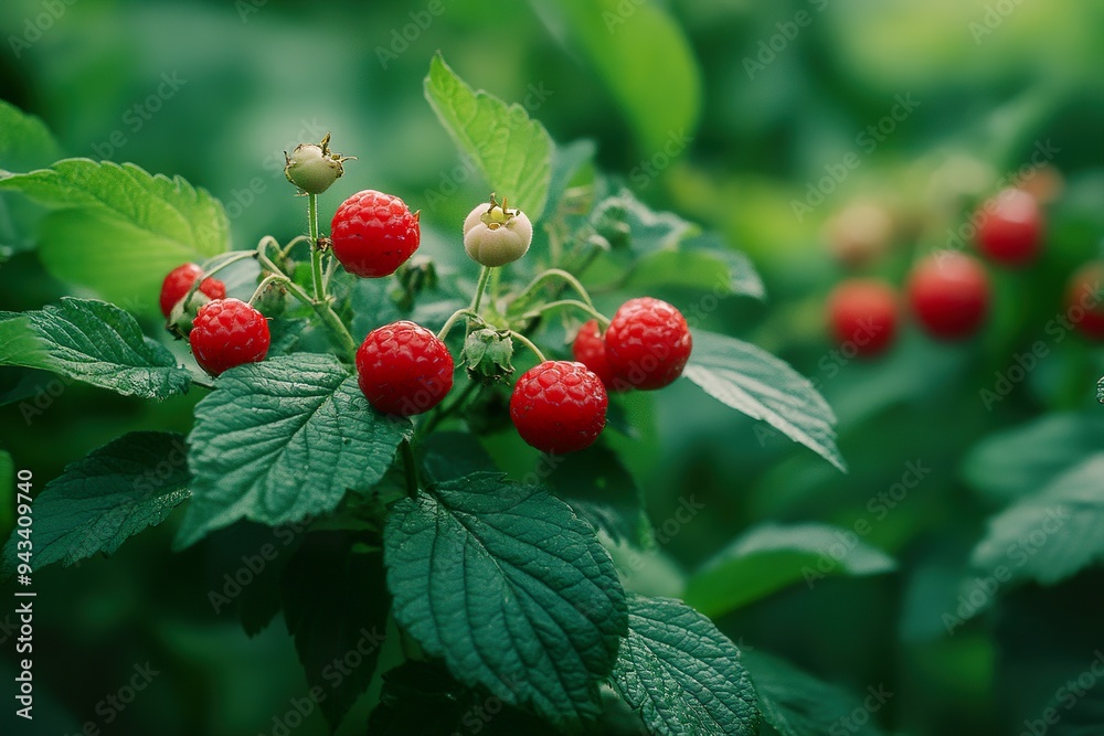 A cluster of wild berries growing on a bush, with bright red fruit nestled among green leaves A cluster of wild berries growing on a bush, with bright red fruit nestled among green leaves