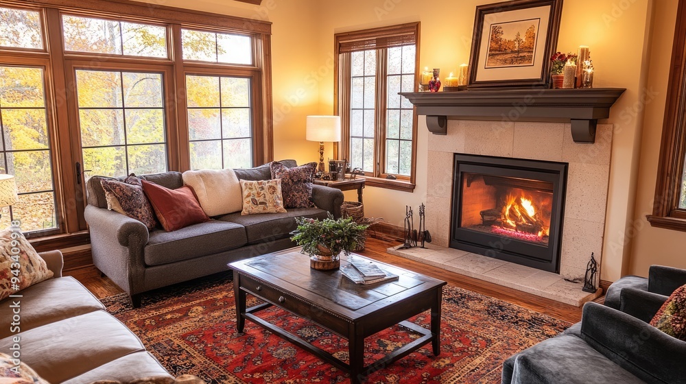 A cozy living room with a fireplace, comfortable seating, and a warm color palette A cozy living room with a fireplace, comfortable seating, and a warm color palette