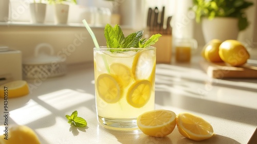 A glass of fresh lemonade with mint leaves and a straw on a sunny kitchen counter