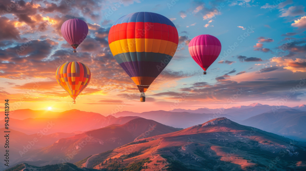 Fototapeta premium Colorful hot air balloons flying over mountain