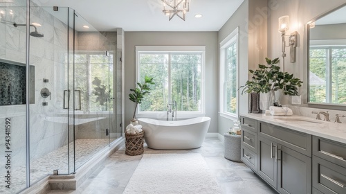 A luxurious master bathroom with a spa-like shower, soaking tub, and elegant decor