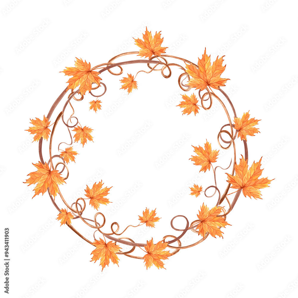Autumn maple leaves and twigs wreath. Fall frame round for Harvest fest. Hand drawn watercolor illustration isolated. Natural background. Template with copy space for Thanksgiving, card, embroidery. Autumn maple leaves and twigs wreath. Fall frame round for Harvest fest. Hand drawn watercolor illustration isolated. Natural background. Template with copy space for Thanksgiving, card, embroidery.