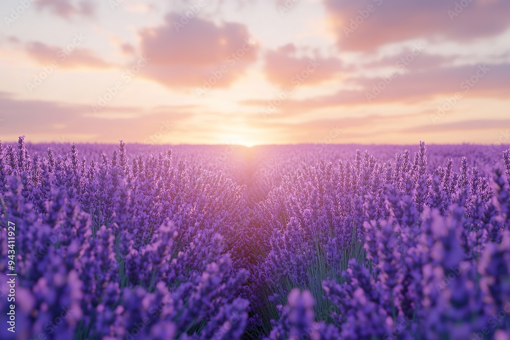 Obraz premium A field of lavender in full bloom, with a soft purple hue stretching to the horizon