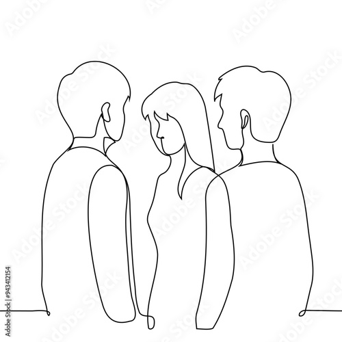 woman surrounded by men - one line art vector. concept bullying by men, misogyny, sexism, harassment
