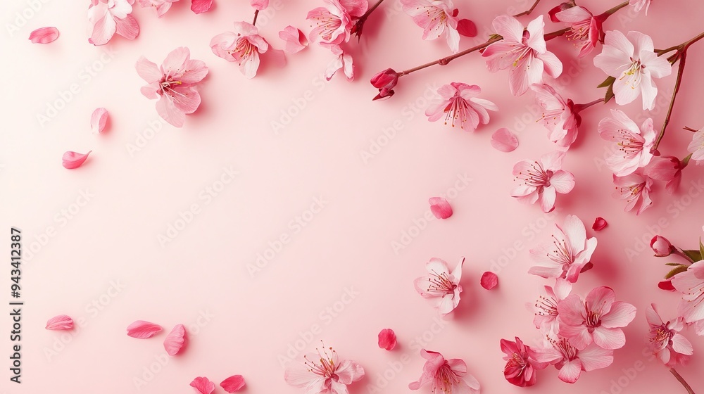 Banner with flowers on light pink background. Greeting card template for Wedding, mothers or womans day. Springtime composition with copy space. Flat lay style Banner with flowers on light pink background. Greeting card template for Wedding, mothers or womans day. Springtime composition with copy space. Flat lay style