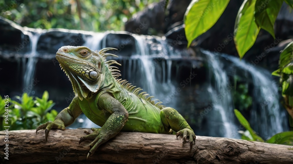 Green iguana on branch with waterfall background 