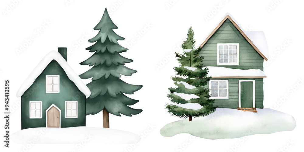 Charming winter houses with snow-covered roofs and evergreen trees, perfect for holiday designs or seasonal projects. Charming winter houses with snow-covered roofs and evergreen trees, perfect for holiday designs or seasonal projects.