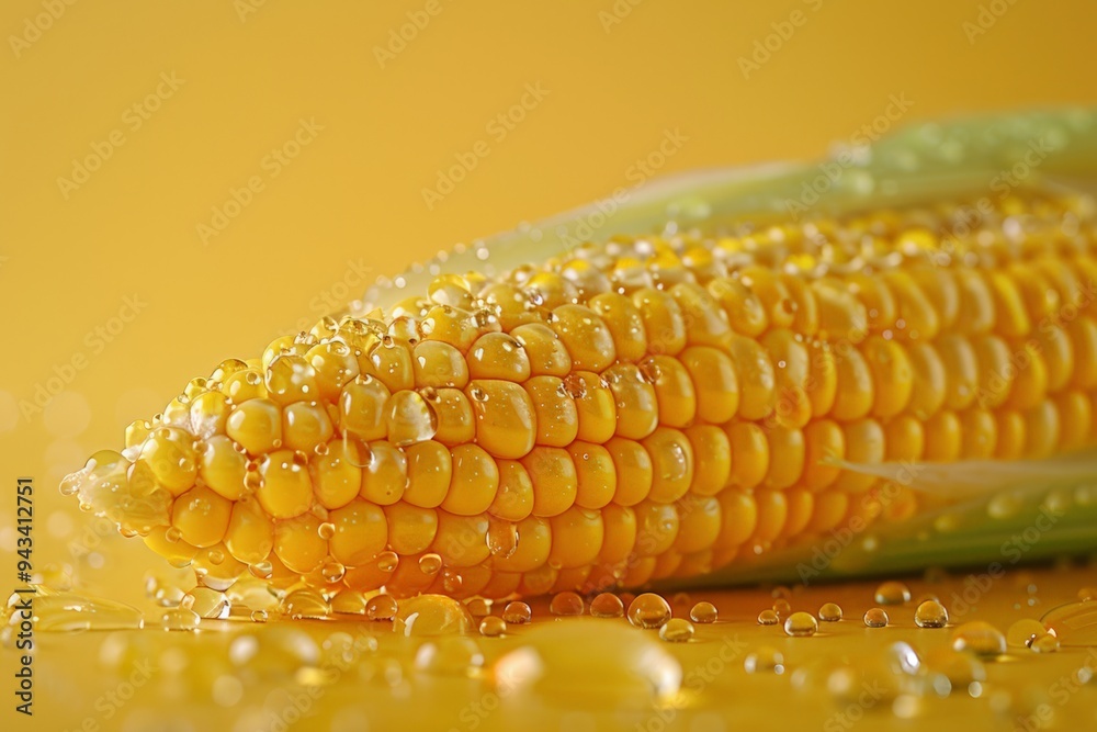 Close-up of a dewy corn on the cob against a bright yellow backdrop. Close-up of a dewy corn on the cob against a bright yellow backdrop.