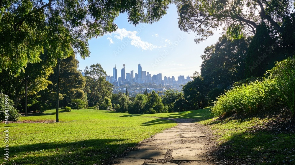 A park with a view of a city skyline in the distance, blending urban and natural landscapes A park with a view of a city skyline in the distance, blending urban and natural landscapes