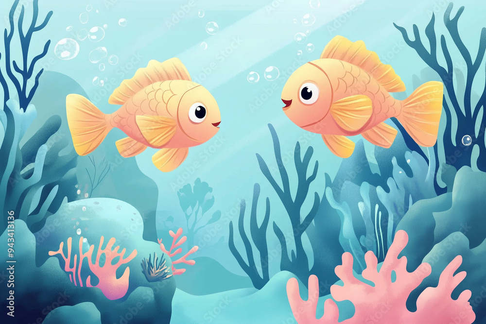 Fototapeta premium Two friendly fish interacting in a colorful underwater scene