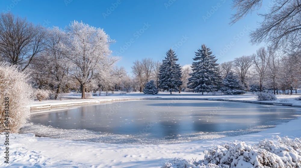 A peaceful park in winter, with snow-covered trees and a frozen pond under a clear blue sky A peaceful park in winter, with snow-covered trees and a frozen pond under a clear blue sky